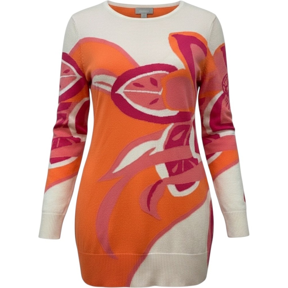 Chicos Orange Pink Floral Intarsia Cotton Lyocell Knit Sweater Top Size 2